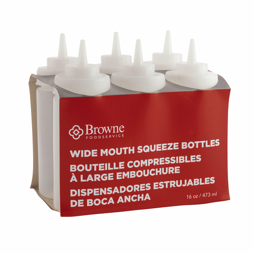Clear Squeeze Bottles (set of 6) wide mouth, no drip, polyethylene.
