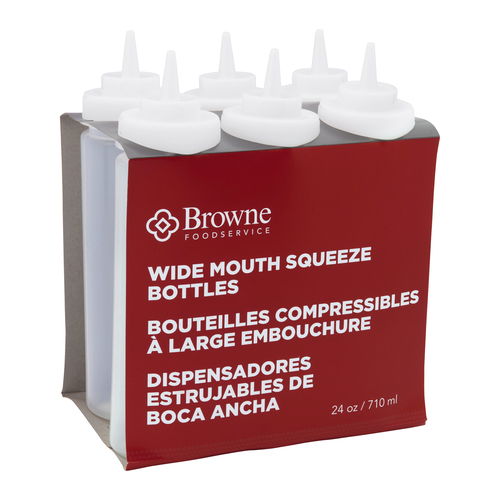 Clear Squeeze Bottles (set of 6) wide mouth, no drip, polyethylene.