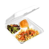Compostable Hinged Containers with Compartments - 8" X 8" X 3" / White / 3 Compartments (200/CS)