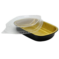 Black/Gold Take-Out Container Base & Clear Dome Lid Combo 72oz (11.22"Lx8.8"Wx1.8"D) 50/Case