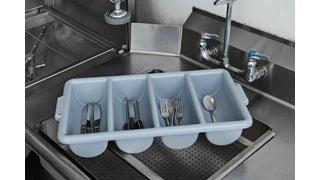 Cutlery Bin, 21-1/4"L x 11-1/2"W x 3-3/4"H, (4) compartments, ribbed design, durable, gray, NSF, Made in USA