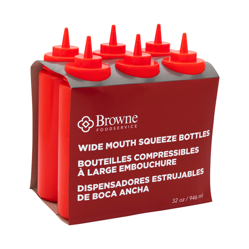 Red Squeeze Bottles (set of 6) wide mouth, no drip, polyethylene.